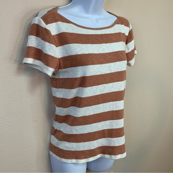 M Madewell Brick White Striped Knit Top Short Sleeve Stretch Medium Sweater Top - Picture 2 of 9
